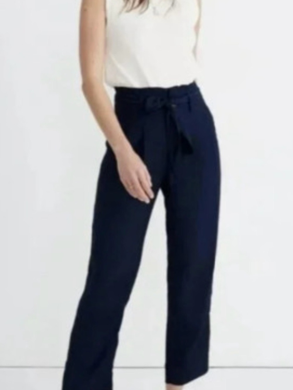 ZARA Navy High-Rise Paperbag Tie-Waist Cropped Pants NWT